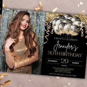 Bearbeitbares Foto-Schwarz-Goldglitter-Ballons-Geburtstags-Party Einladung, druckbare Karte und Telefon Evite, bearbeitbare Vorlage, sofortiger Download