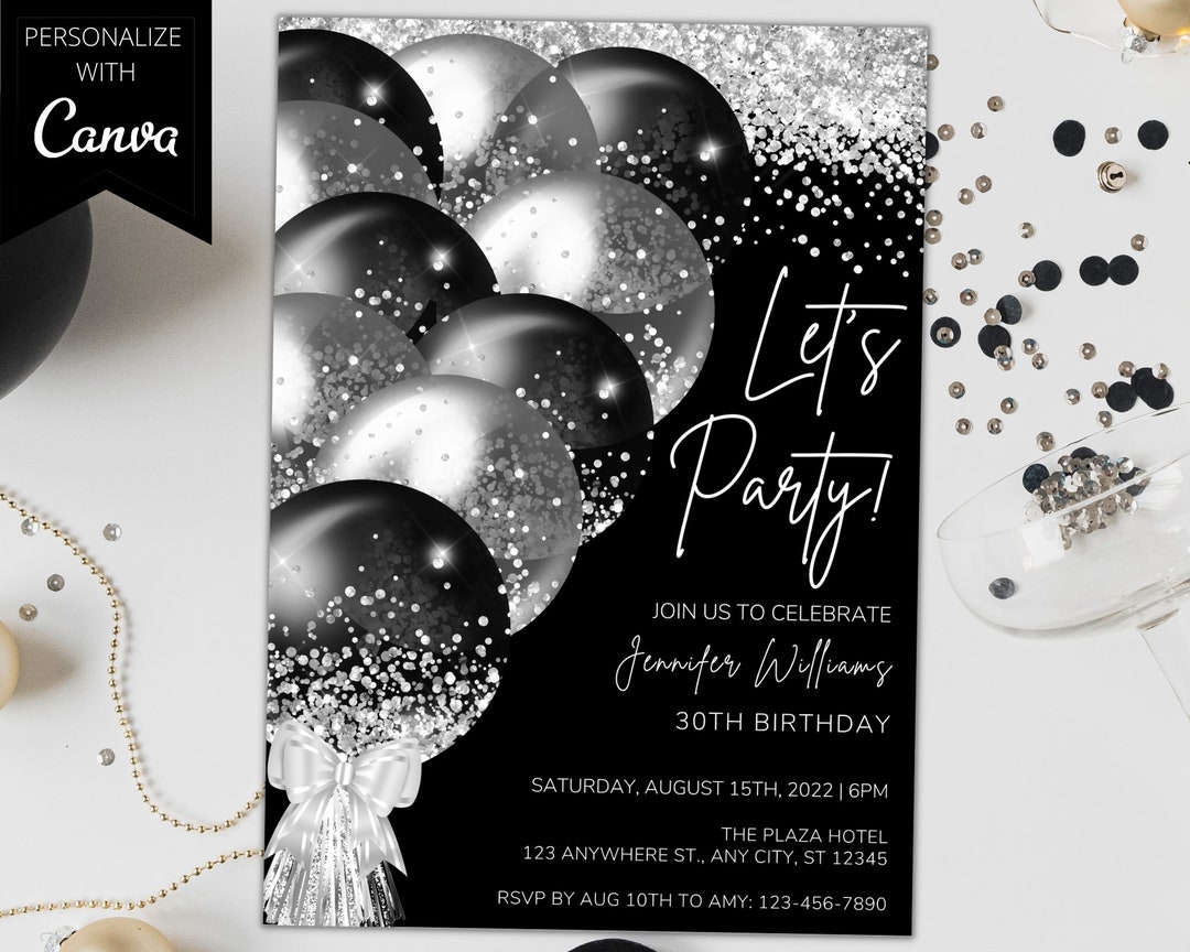 Editable Black Silver Glitter Balloons Birthday Invitation, Printable Editable Black Silver Glitter Balloons Birthday Invitation, Printable