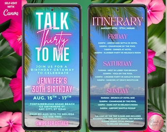 Digital Prat Thirty To Me 30-årsdagsinbjudan med tropiskt tema, 3-dagars resplan, textavtryck, redigerbar mall, direktnedladdning, TB12