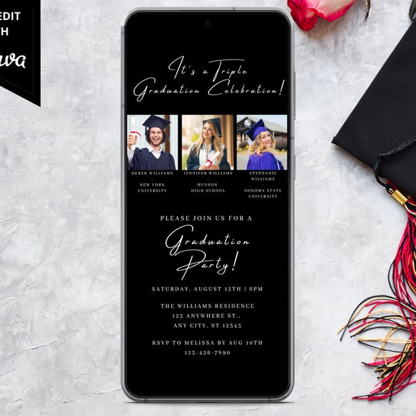 Digital Triple Graduation Invitation, Electronic Grad Party Invite, Photo Template, Announcement, Class of 2024, Editable Template, Download