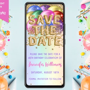 Digital Rainbow Balloons Birthday Party Save the Date Invitation, Electronic Phone Text Message Evite, Editable Template, Instant Download