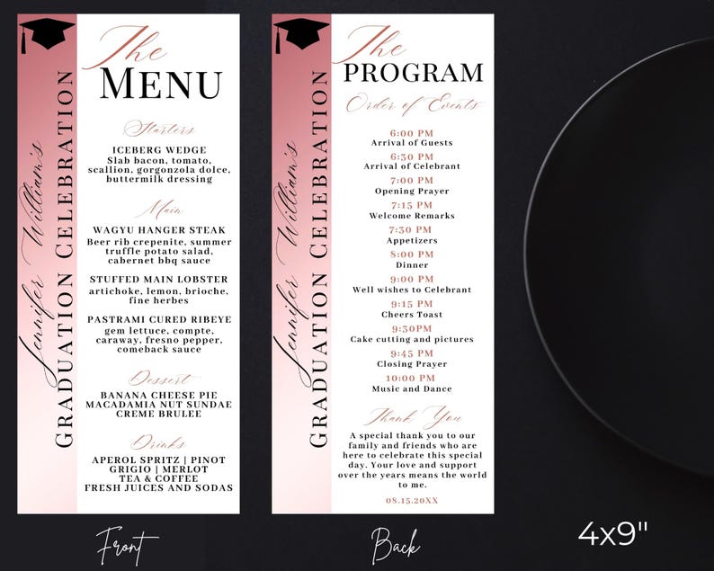 Editable Pink Rose Gold White Graduation Menu Program & Thank You Card ...
