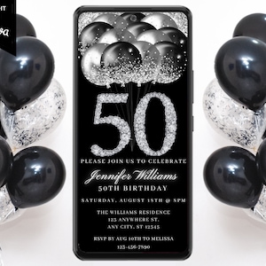 Digitale 50e verjaardag zwart zilver uitnodiging, elektronisch tekstbericht Evite, Diamond Glitter ballonnen, zelfbewerkte sjabloon, Instant Download