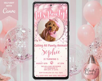 Digital Let's Pawty Girl Dog Birthday Party Photo Invitation, Pink Balloons, Puppy Party, Text Evite, Editable Template, Instant Download