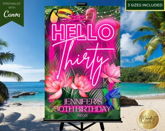 Editable Hello Thirty 30th Birthday Tropical Pink Neon Welcome Sign, Summer Beach Pool Luau Jungle Party Decor, Printable Canva Template