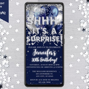 Digital Navy Blue Silver Shhh Surprise Birthday Party Invitation, Electronic Phone Text Message Evite, Editable Template, Instant Download