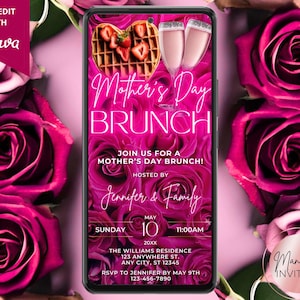 Invitación digital floral rosa intenso para el brunch del Día de la Madre, desayuno con champán para el Día de la Madre, plantilla editable para teléfono de Evite, descarga instantánea