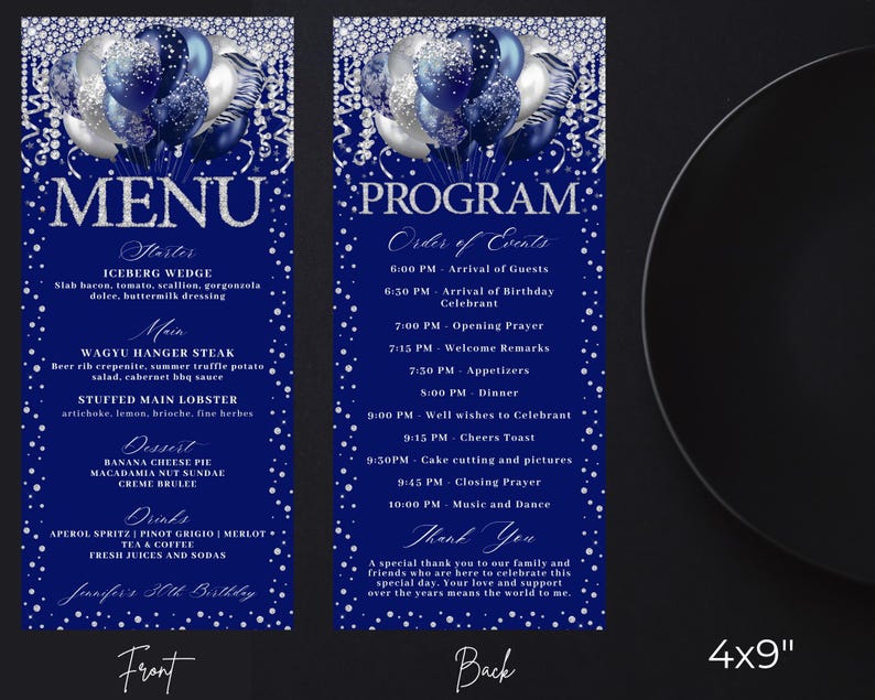 Editable Glam Blue Silver Glitter Balloons Diamond Menu Program and ...