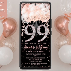 Digital 99th Birthday Pink Rose Gold Diamond Balloons Party Invitation, Electronic Phone Evite, Editable Template, Instant Download, RGB3