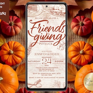 Digital Rustic Friendsgiving Potluck Dinner Invitation, Friends Thanksgiving Feast Party, Phone Evite, Editable Template, Instant Download