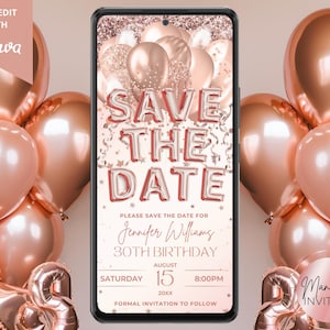 Digitale Rose Gold Luftballons Geburtstagsparty Save the Date Einladung, elektronischer Telefontext Evite, bearbeitbare Vorlage, Sofort Download, RGBN2