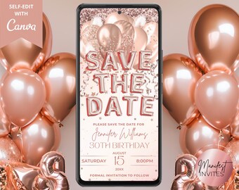 Cyfrowe zaproszenie na przyjęcie urodzinowe z balonami w kolorze różowego złota, z funkcją Save the Date, elektroniczne zaproszenie tekstowe, edytowalny szablon, natychmiastowe pobranie, RGBN2