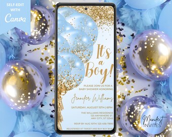 Digital It&#39;s a Boy Baby Shower Blue Gold Balloons Invitation, Glam Baby Shower, Electronic Text Evite, Editable Template, Instant Download