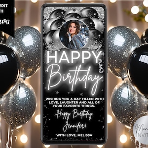 Biglietto d'auguri digitale glamour con foto di auguri di buon compleanno, palloncini glitterati neri e argento, invia testo via e-mail, modello Canva modificabile, download immediato