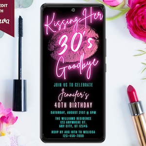 Elektroniczne zaproszenie na przyjęcie urodzinowe Kissing Her 30's Goodbye 40th, cyfrowe zaproszenie na telefon, różowy turkus, edytowalny szablon, natychmiastowe pobranie