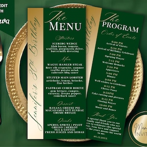 May include: A menu and program set for a 30th birthday celebration. The menu features starters, main courses, desserts, and drinks. The program outlines the order of events. The design includes gold accents and the text "Manifest Invites."
