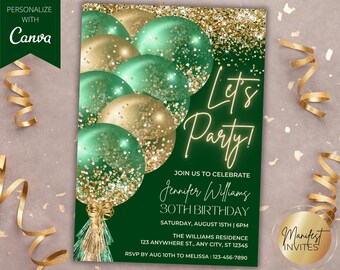 Editable Let's Party Green Gold Glitter Balloons Glam Birthday Party Invitation, Printable Custom Card, Canva Template, Instant Download