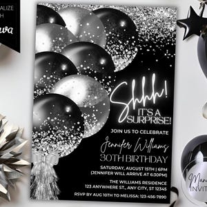 Bearbeitbare Pssst, es ist eine Überraschung Schwarz Silber Glitter Ballons Glam Geburtstagsfeier-Einladung, druckbare Karte, Canva Vorlage, sofortiger Download