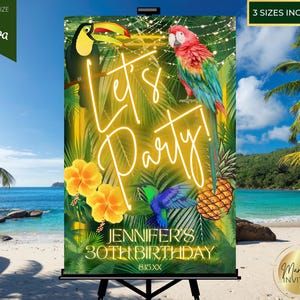Editable Tropical Gold Neon Let's Party Birthday Welcome Sign, Hawaiian Beach Luau, Summer Jungle Party Decor, Printable Canva Template