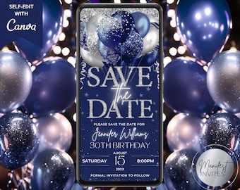 Digital Blue Silver Balloons Diamond Save The Date Glam Invitation, Birthday Graduation, Phone Evite, Editable Template, Instant Download