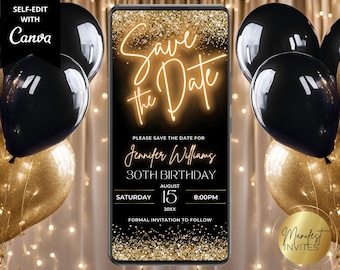 Digital Black Gold Neon Save the Date Invitation, Birthday Graduation, Any Occasion, Phone Text Evite, Editable Template, Instant Download