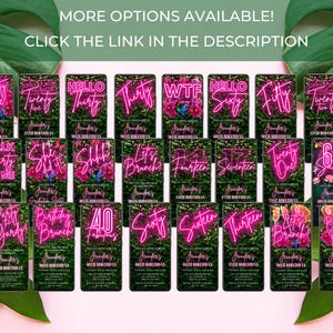 May include: A collection of 20 digital printable birthday invitations featuring neon pink text on a green leafy background. The text includes numbers from 13 to 60 and phrases like "Let's Brunch" and "Talk Thirty to Me".