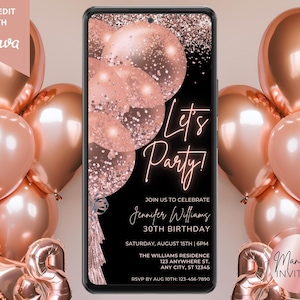 Digital Rose Gold Birthday Party Invitation, Electronic Birthday Invite, Editable Template, Any Age, Text Invite, Evite, Instant Download
