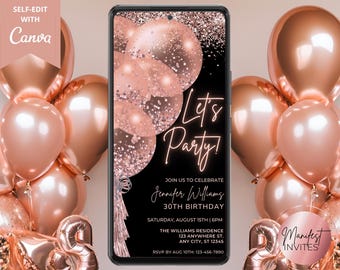 Digital Rose Gold Birthday Party Invitation, Electronic Birthday Invite, Editable Template, Any Age, Text Invite, Evite, Instant Download