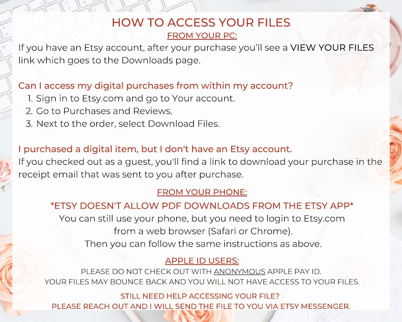 May include: A guide on accessing digital files purchased on Etsy, set against a white background. The text details instructions for PC and phone users, including advice for guest buyers and Apple ID users, with clear headings.