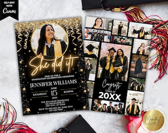 Editable She Did It Graduation Party Photo Invitation, Black Gold Glitter, Grad Announcement, Printable Canva Template, Instant Download