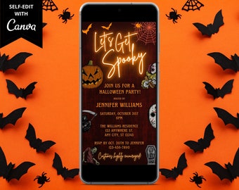 Digital Halloween Party Invitation, Electronic Phone Text Email Evite, Neon Let's Get Spooky Monsters, Editable Template, Instant Download