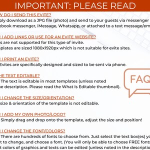 May include: A white background with a red banner at the top that says "IMPORTANT: PLEASE READ". The text below the banner is black and answers frequently asked questions about digital invitations. The text includes questions like "How do I send this Evite?" and "Can I add links or use for an Evite website?"  A speech bubble with the word "FAQ" in it is in the upper right corner of the image.