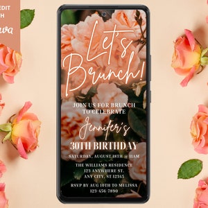 Digital Let's Brunch Neon Peach Floral Birthday Party Invitation, Electronic Mobile Phone Text Evite, Editable Template, Instant Download