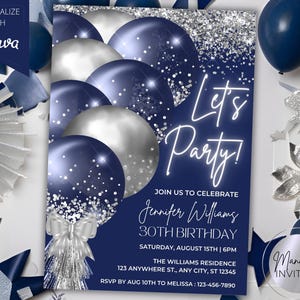 Editable Let&#39;s Party Navy Blue Silver Glitter Balloons Glam Birthday Party Invitation, Printable Card, Canva Template, Instant Download
