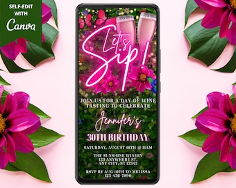 Digital Winery Wine Tasting Birthday Invitation, Let's Sip, Pink Neon Greenery, Electronic Phone Invite, Editable Template, Instant Download