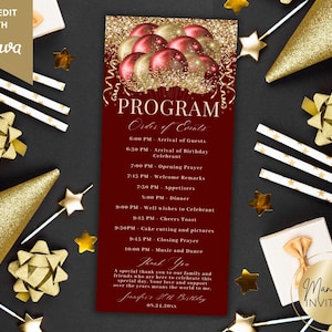 Pode incluir: Um programa de eventos bordô com detalhes de glitter dourado e o texto "PROGRAMA Ordem dos Eventos". O programa inclui um cronograma, uma mensagem de agradecimento e o logotipo "Manifest Invites".