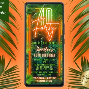Digital Tropical 40th Birthday Party Invitation, Jungle Orange Neon, Luau BBQ, Electronic Phone Evite, Editable Template, Instant Download