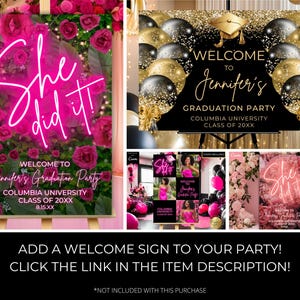 May include: Pink and black graduation party welcome sign with gold glitter and balloons. The sign says "Welcome to Jennifer's Graduation Party, Columbia University, Class of 20XX".