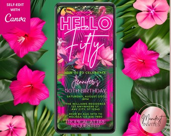 Digital Hello Fifty 50th Birthday Tropical Pink Neon Party Invitation, Summer BBQ Luau Evite, Editable Canva Template, Instant Download