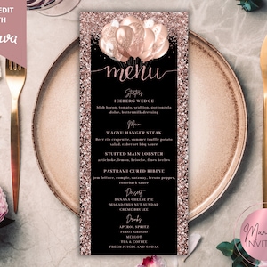 Bewerkbare roze roségouden glitterballonnen diner menukaart verjaardag, afdrukbare evenementmenu en drankkaart, bewerkbare sjabloon, direct downloaden