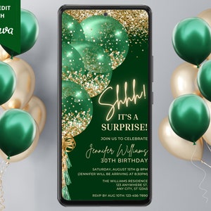 Digital Shhh It's a Surprise Green Gold Balloons Birthday Party Invitation, Electronic Phone Text Evite, Editable Template, Instant Download