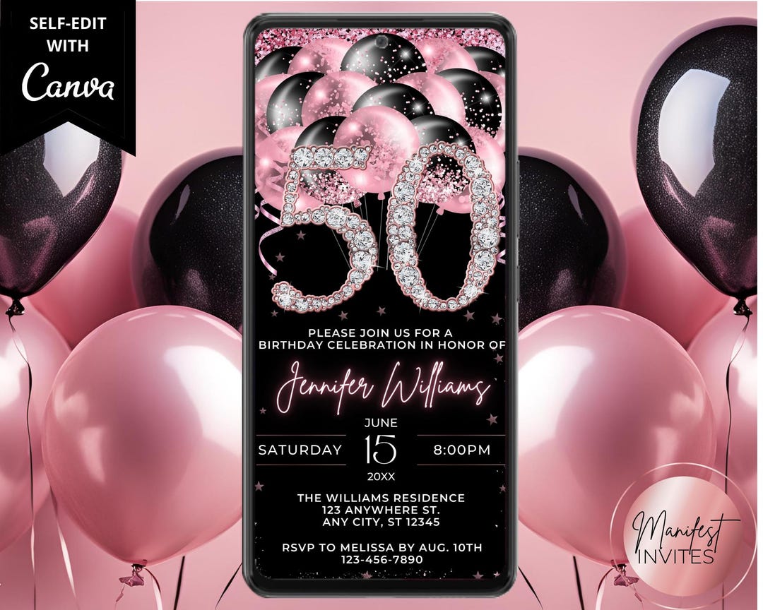 Digital 50th Birthday Pink Black Balloons Diamond Glam Women's