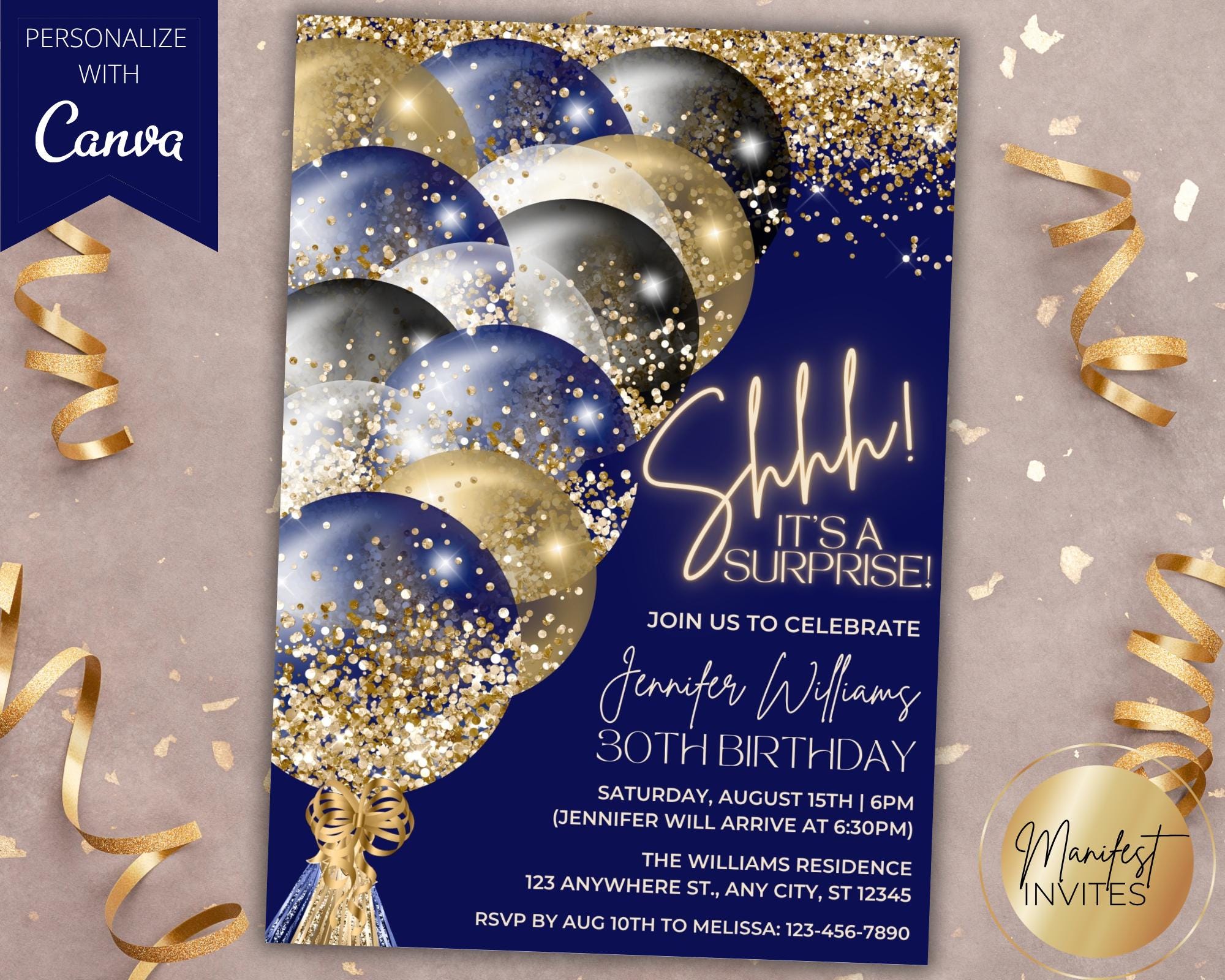 Editable Shhh It's a Surprise Navy Blue Gold Glitter Balloons Birthday ...