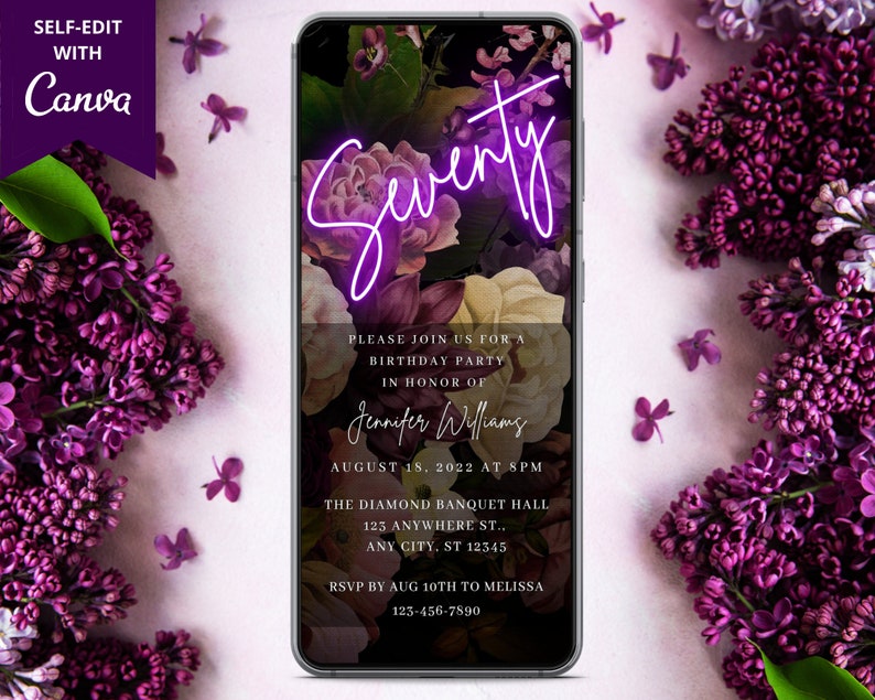 Electronic Seventy 70th Birthday Neon Purple Floral Party Invitation Digital Phone Text Email Evite Editable Template Instant