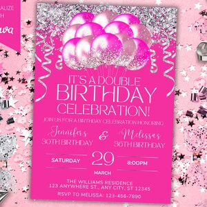 Editierbare Gelenk Doppel Geburtstagsparty Hot Pink Silber Glitter Luftballons Einladung Vorlage, druckbare Karte und Telefon Evite, Instant Download