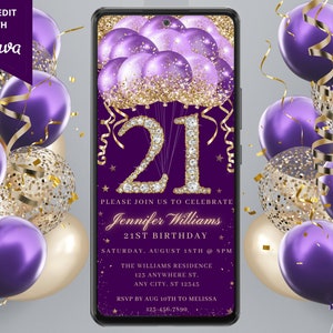 Digital 21st Birthday Party Purple Gold Diamond Glitter Balloon Invitation, Electronic Phone Text Evite, Editable Template, Instant Download