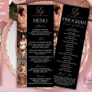 May include: Black and pink baby shower menu and program cards with elegant script and photos of a pregnant woman. The menu includes starters, main courses, desserts, and drinks. The program outlines the order of events.