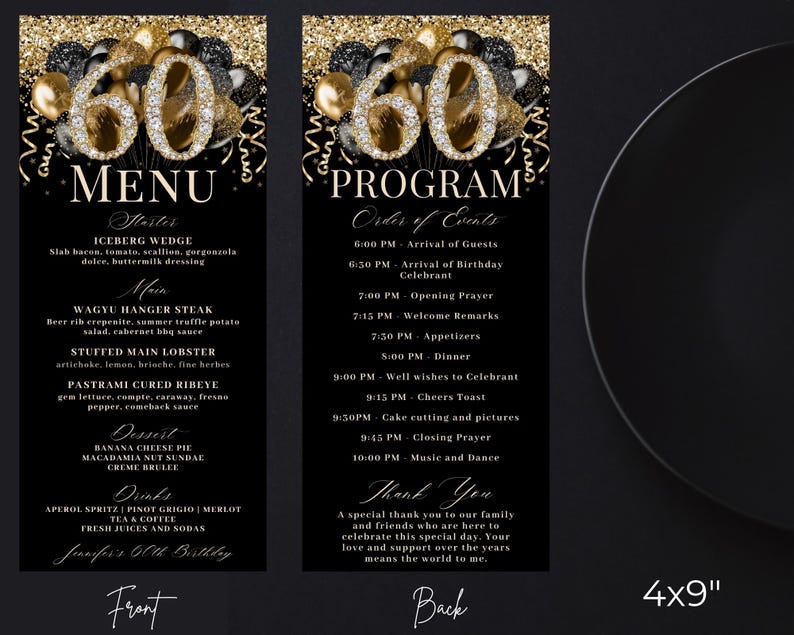 60th Birthday Dinner Menu and Program, Glam Diamond Black and Gold ...