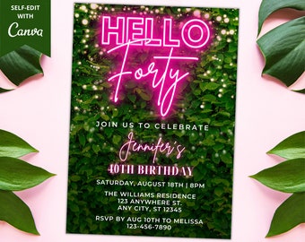 Invitación editable a la fiesta de cumpleaños número 40 de Hola cuarenta, invitación a la fiesta número 40 imprimible, vegetación de neón rosa, plantilla editable, descarga instantánea