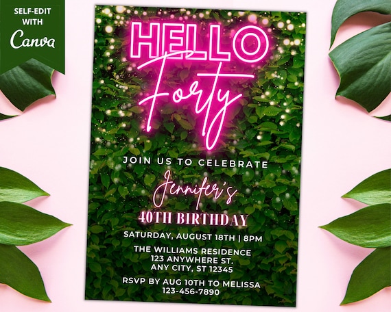 Editable Hello Forty 40th Birthday Party Invitation, Printable 40th Party Invite, Pink Neon Greenery, Editable Template, Instant Download